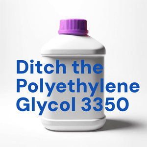 Text - Ditch the Polyethylene Glycol 3350 - in front of a white bottle with a purple lid