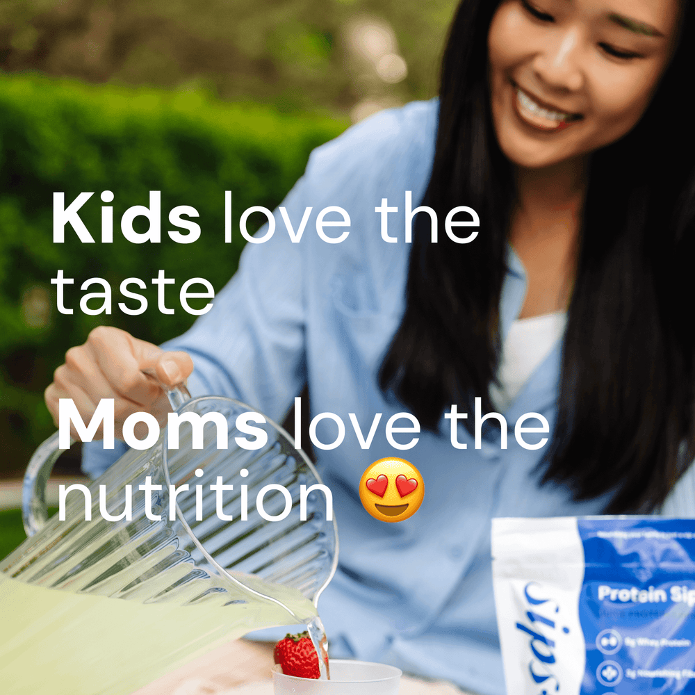 Protein Sips - Kids love the taste, moms love the nutrition. Mom pouring a pitcher of Protein Sips