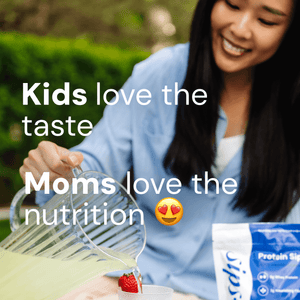 Protein Sips - Kids love the taste, moms love the nutrition. Mom pouring a pitcher of Protein Sips