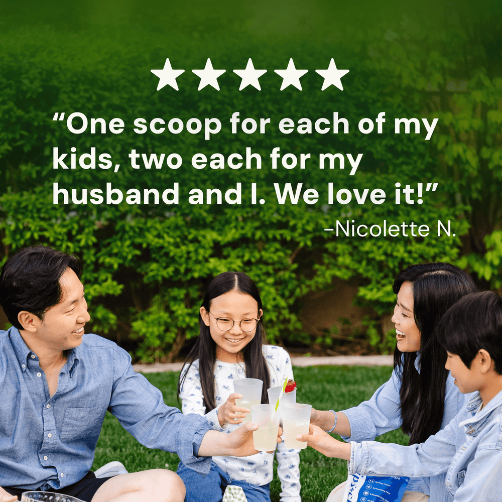 Protein Sips Review - One scoop for each of my kids, two each for my husband and I. We love it! - Nicolette N. Happy family pictured clinking glasses together