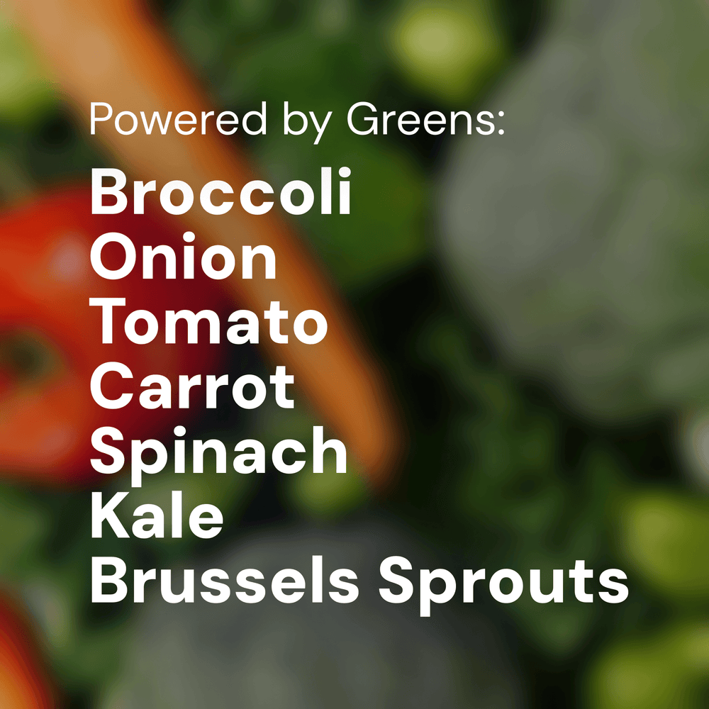 Text of Vegetable Ingredients - Broccoli, Onion, Tomato, Carrot, Spinach, Kale, Brussels Sprouts in front of a blurred out image of the vegetables