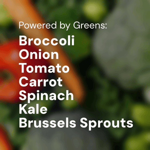 Text of Vegetable Ingredients - Broccoli, Onion, Tomato, Carrot, Spinach, Kale, Brussels Sprouts in front of a blurred out image of the vegetables