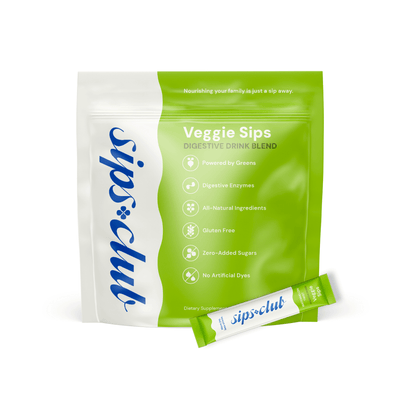 Veggie Sips daily digestive health drink with natural ingredients like coconut, prune, and apple cider vinegar powder.