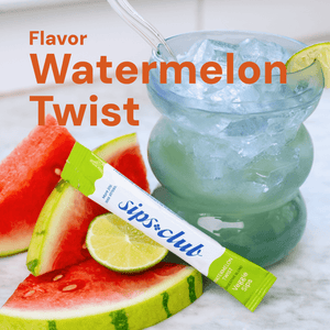 Veggie Sips Flavor - Watermelon Twist Flavor Rip Pack in front of fresh watermelon and limes and a glass cup with ice and the drink