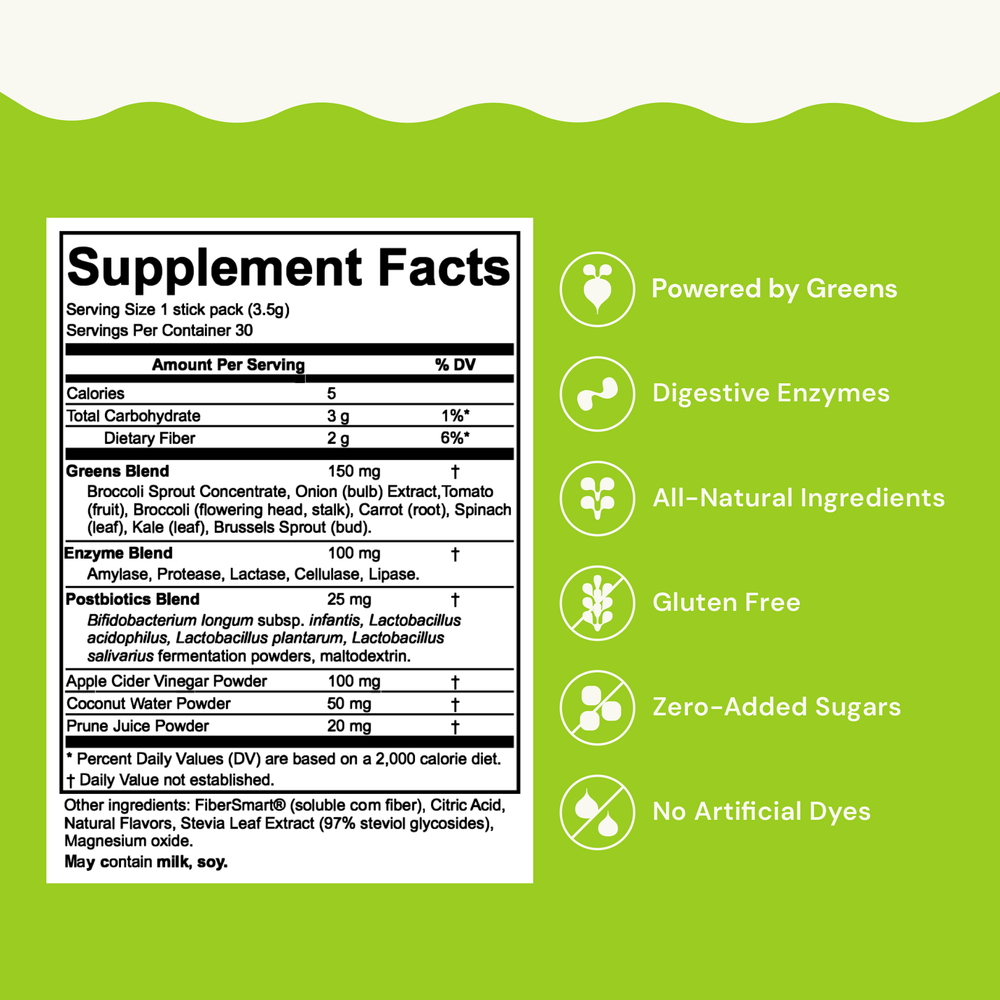 Veggie Sips Supplement Facts and Ingredients: Powered by Greens, Digestive Enzymes, All-Natural Ingredients, Gluten Free, Zero-Added Sugars, No Artificial Dyes